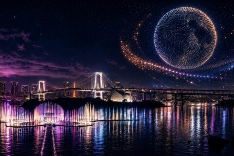 お台場ドローンショーとアクアシンフォニーとの連動演出ULTRA PLANET